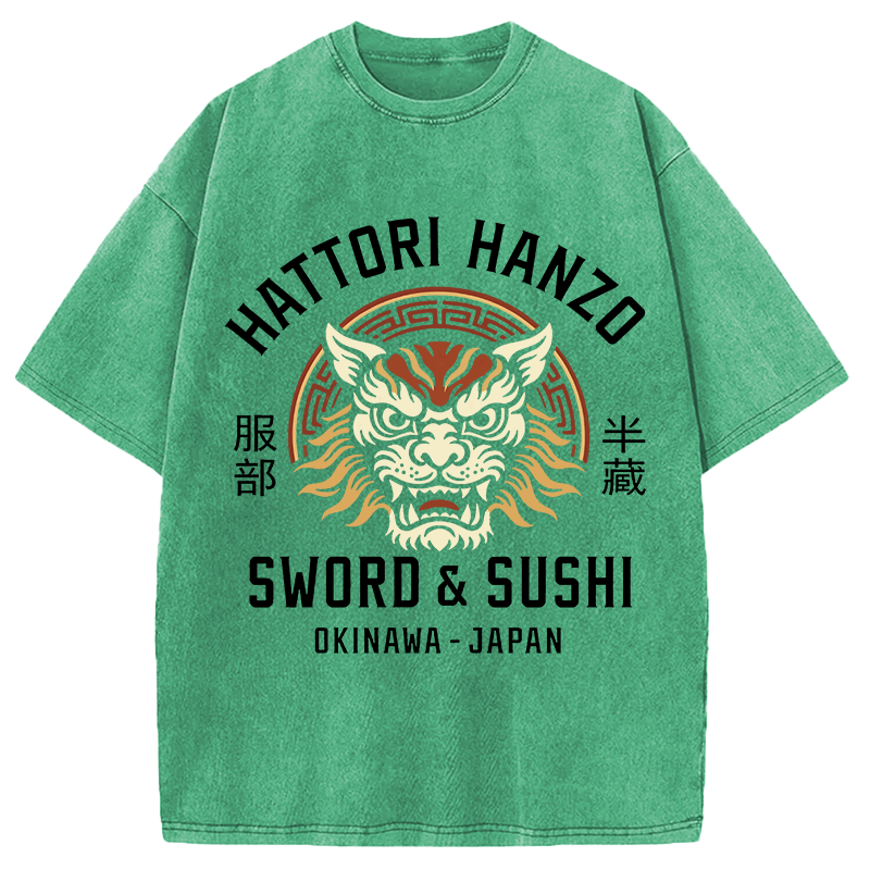 Modecanvas Hattori Lion Japanese Samurai DTG Printing Washed T-Shirt