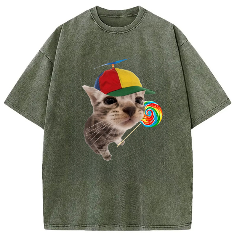 Modecanvas Cat With Lollipop And Hat Washed T-Shirt-modecanvas
