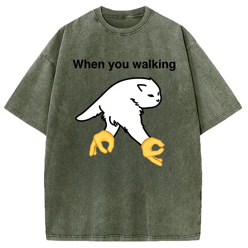 Modecanvas When You Walking Cursed Cat Meme DTG Printing Washed T-Shirt