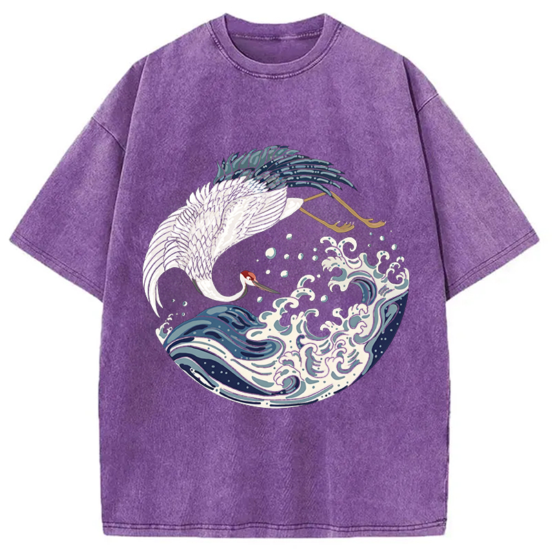 Modecanvas Crane Bird Wave DTG Printing Washed T-Shirt