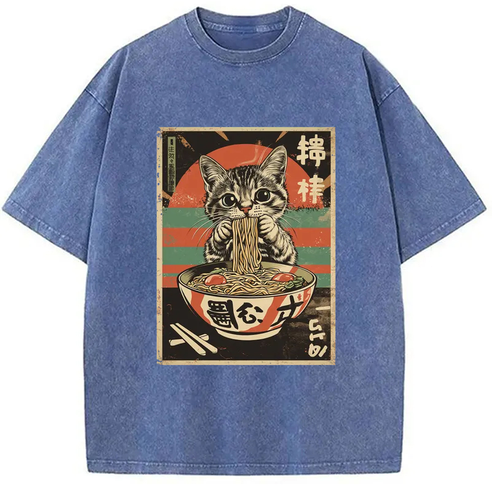 Modecanvas Kawaii Cat Lover Ramen Washed T-Shirt