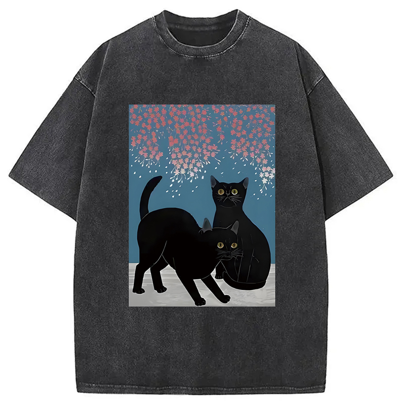 Modecanvas Black Cat Under The Sakura Washed T-Shirt