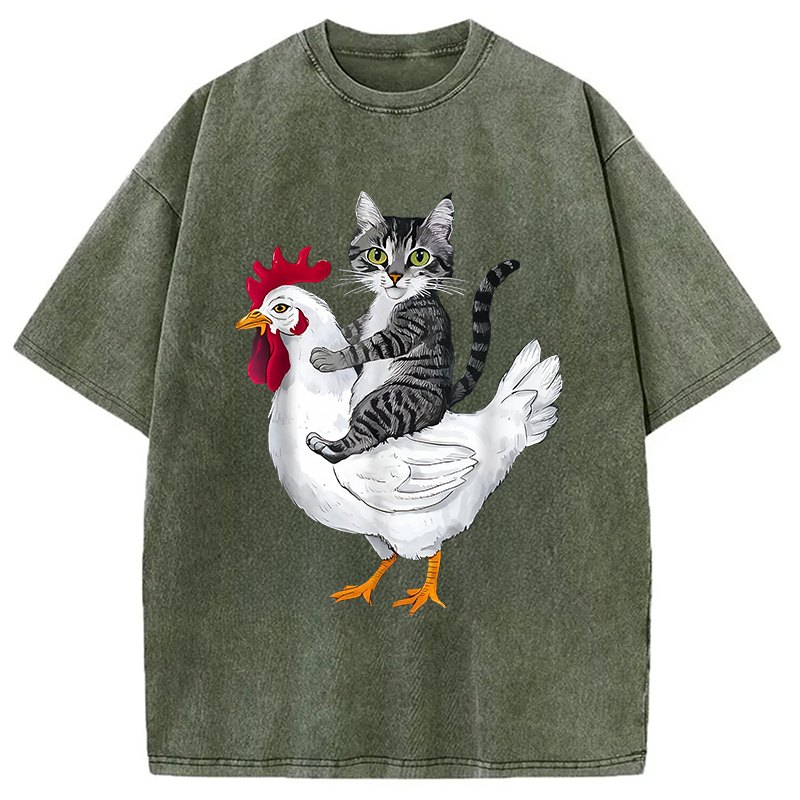 Modecanvas Funny Cat Riding Chicken Washed T-Shirt