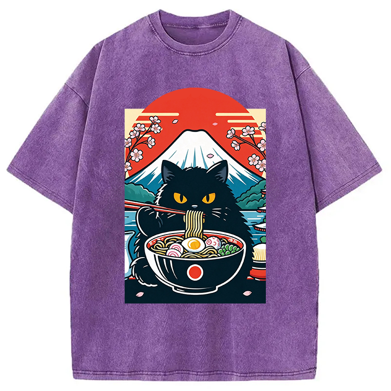 Modecanvas Black Cat Having Ramen Mount Fuji DTG Printing Washed T-Shirt