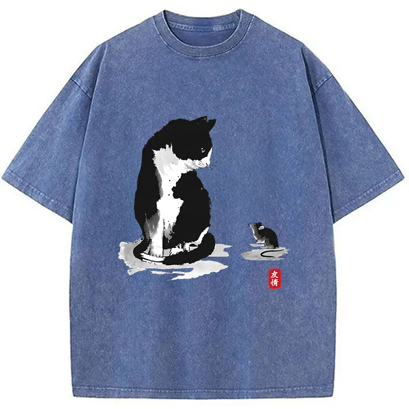 Modecanvas Cat And Mouse Friendship Washed T-Shirt