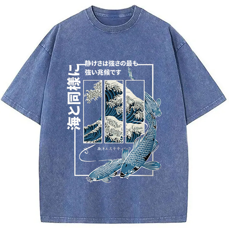 Modecanvas Japanese Koi Fish Great Wave DTG Printing Washed T-Shirt