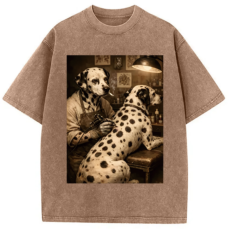 Modecanvas Funny Dalmatian Tattoo Dog DTG Printing Washed T-Shirt