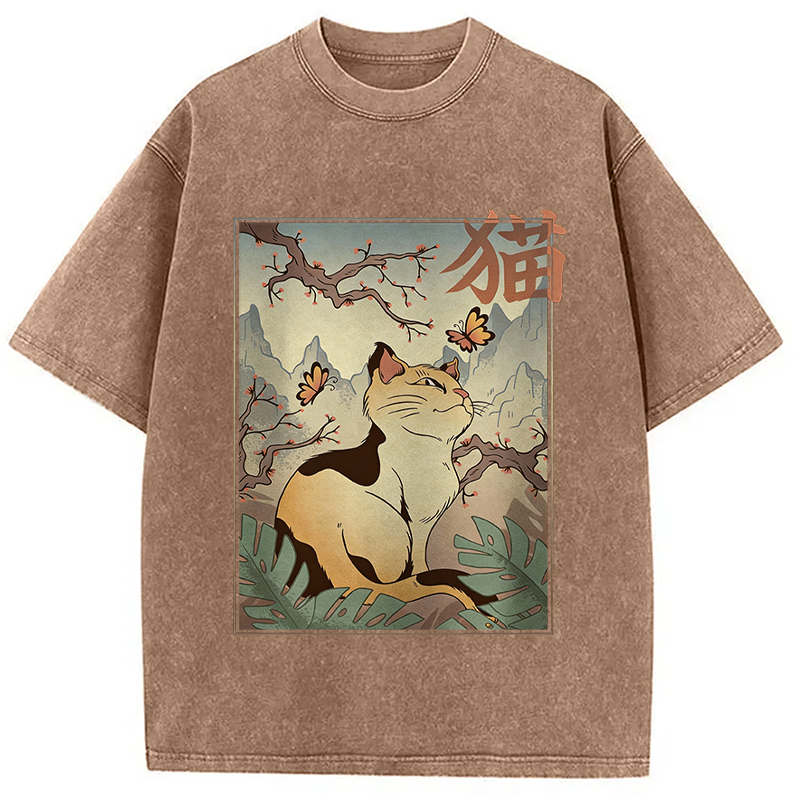 Modecanvas Kawaii Cat DTG Printing Washed T-Shirt-modecanvas