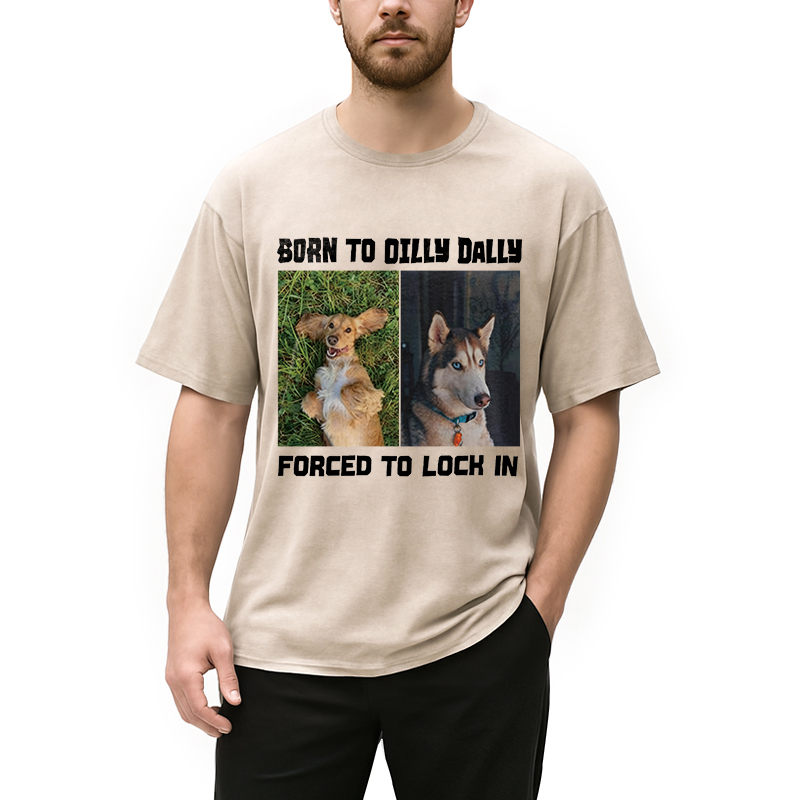 Modecanvas Born to Dilly Dally Forced to Lock In Funny Dog Meme DTG Printing Washed T-Shirt