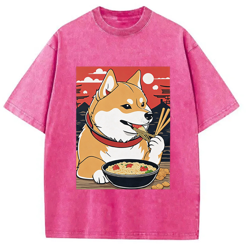 Modecanvas Cute Shiba Inu Dog Eating Ramen DTG Printing Washed T-Shirt