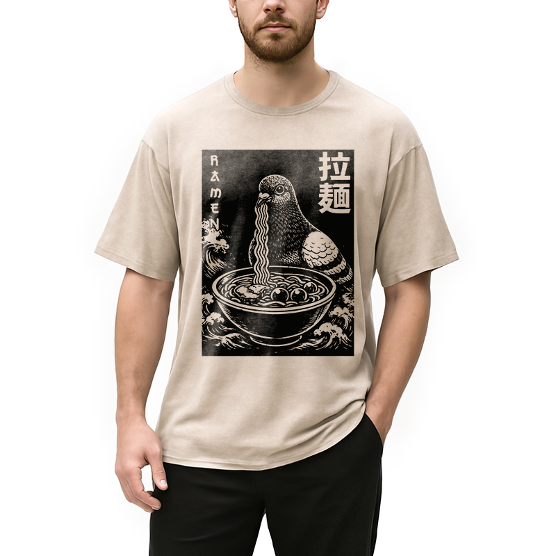 Modecanvas Ramen Pigeon DTG Printing Washed T-Shirt