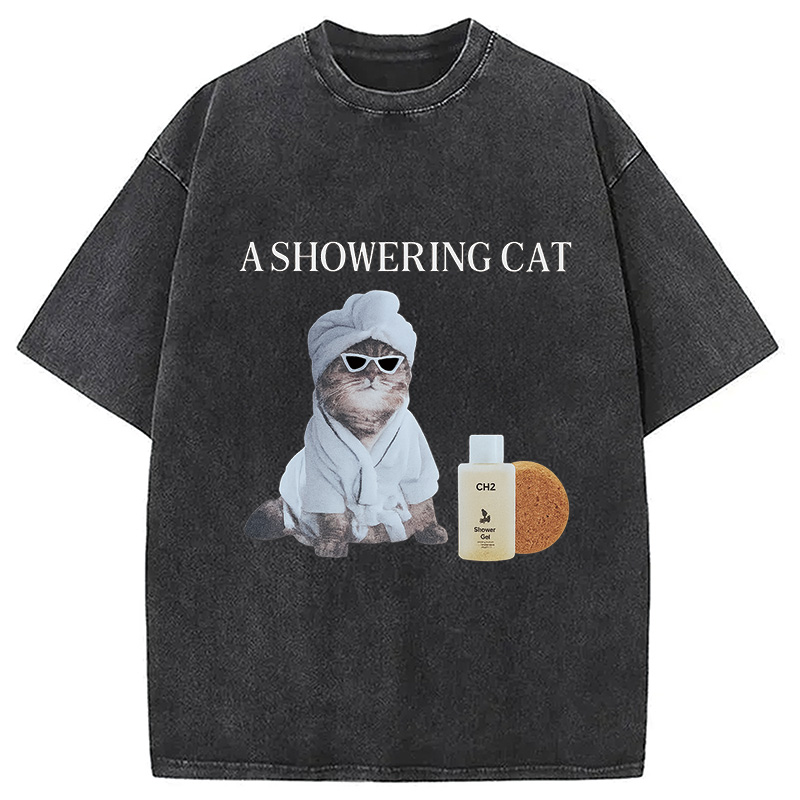 Modecanvas A Showering Cat Washed T-Shirt