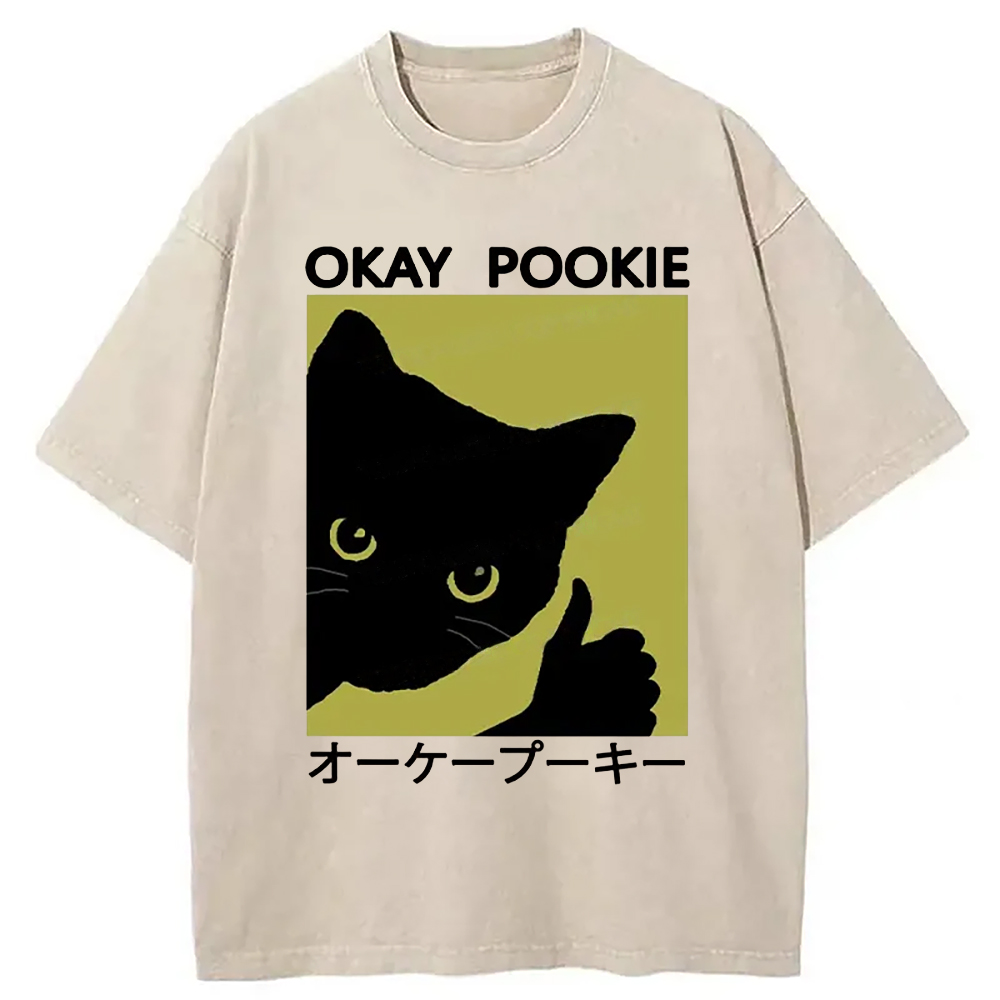 Modecanvas Okay Pookie Cat Washed T-Shirt-modecanvas