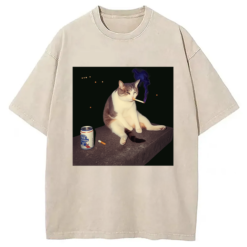 Modecanvas Cigarette Kitten Funny Smoking Cat Meme Washed T-Shirt-modecanvas