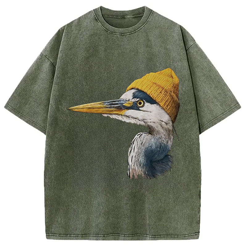 Modecanvas Blue Heron Wearing Beanie DTG Printing Washed T-Shirt