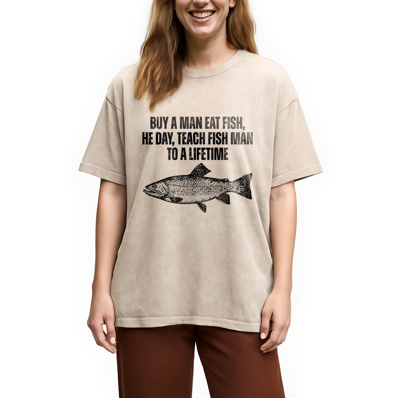 Modecanvas Buy a Man Eat Fish Funny Meme DTG Printing Washed T-Shirt
