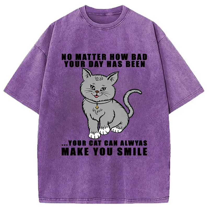 Modecanvas Funny Cat Make You Smile DTG Printing Washed T-Shirt