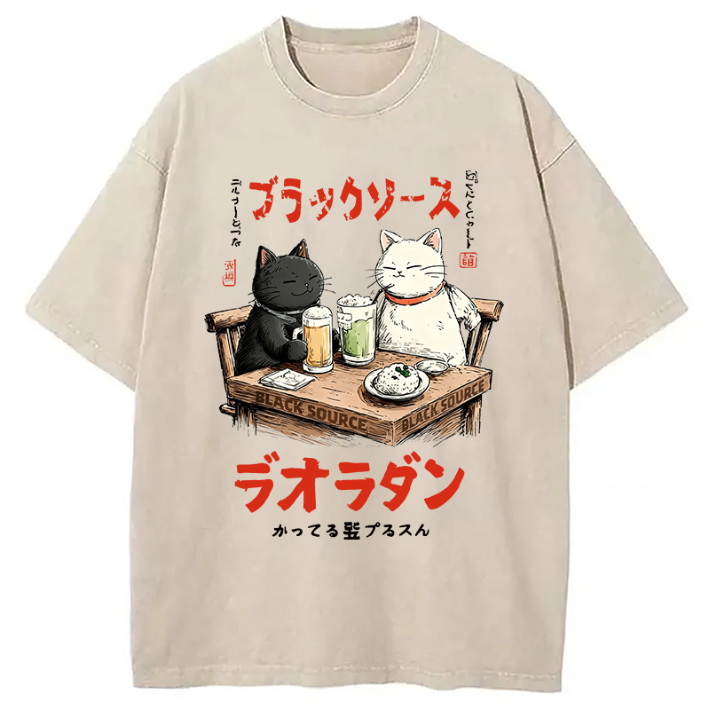 Modecanvas Funny Drinking Cat DTG Printing Washed T-Shirt