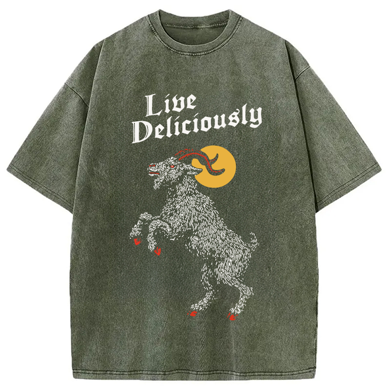 Modecanvas Black Philip Live Deliciously DTG Printing Washed T-Shirt