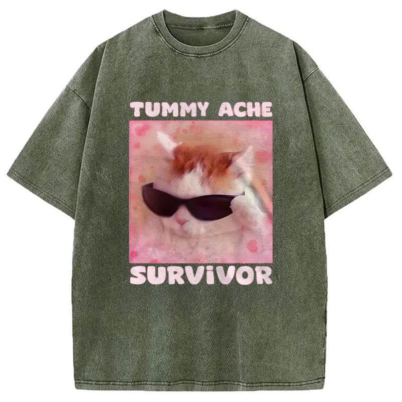 Modecanvas Tummy Ache Survivor Funny Cat Meme Washed T-Shirt-modecanvas