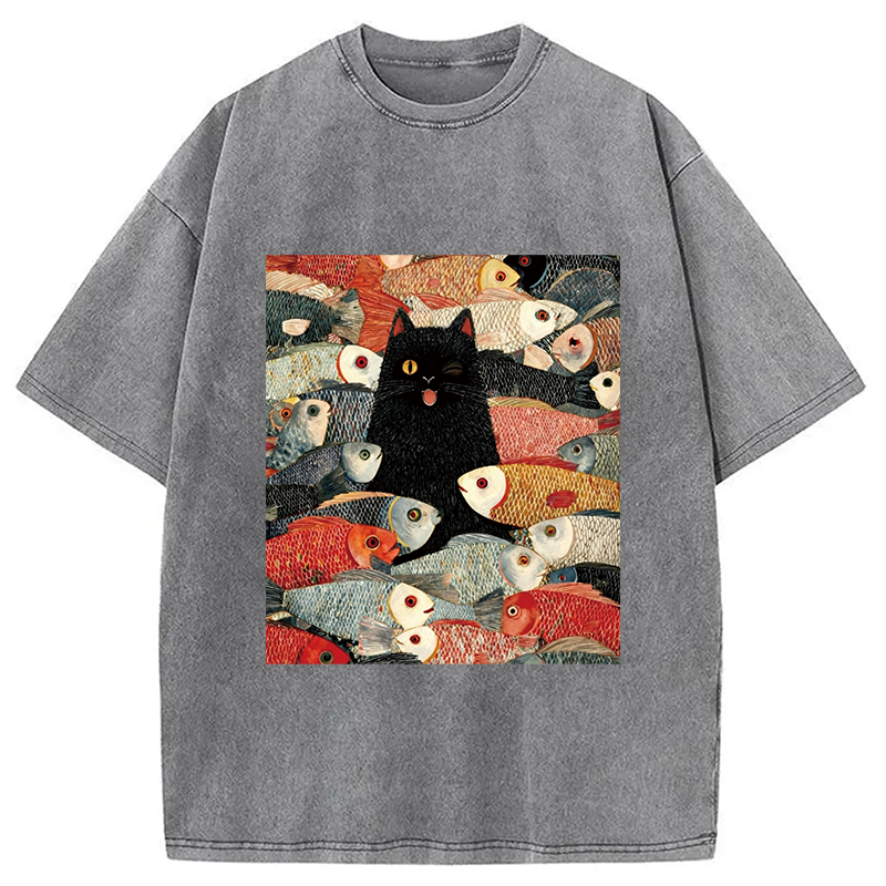 Modecanvas Black Cat Koi Fish Washed T-Shirt