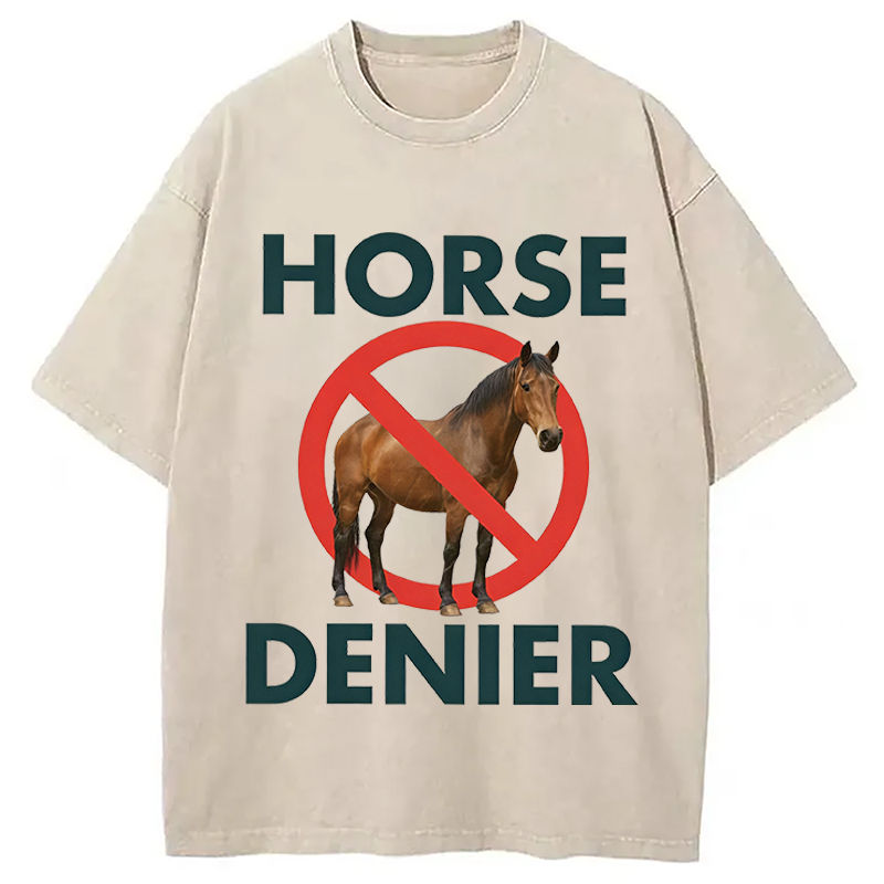 Modecanvas Funny Horse Denier Conspiracy Theory Washed T-Shirt-modecanvas