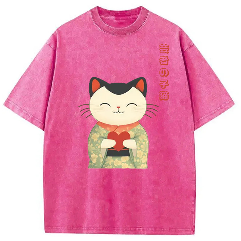 Modecanvas Japanese Maneki Geisha Kitty Washed T-Shirt