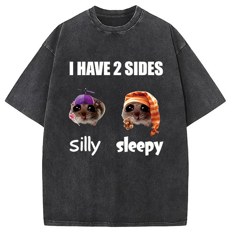 Modecanvas I Have 2 Sides Silly Sleepy Rat Meme DTG Printing Washed T-Shirt