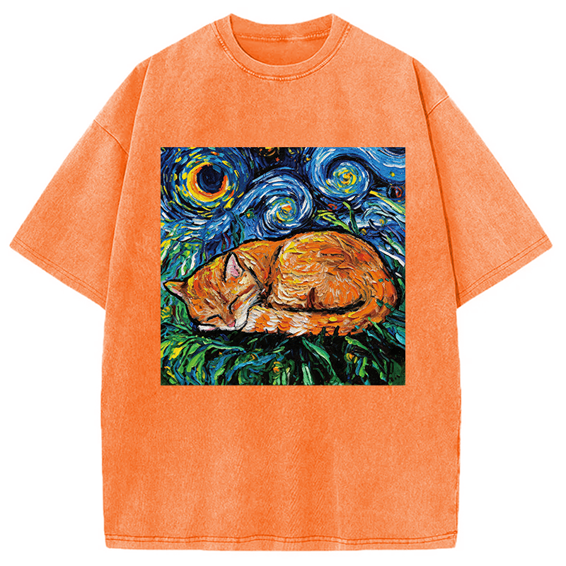 Modecanvas Orange Tabby Night full DTG Printing Washed T-Shirt