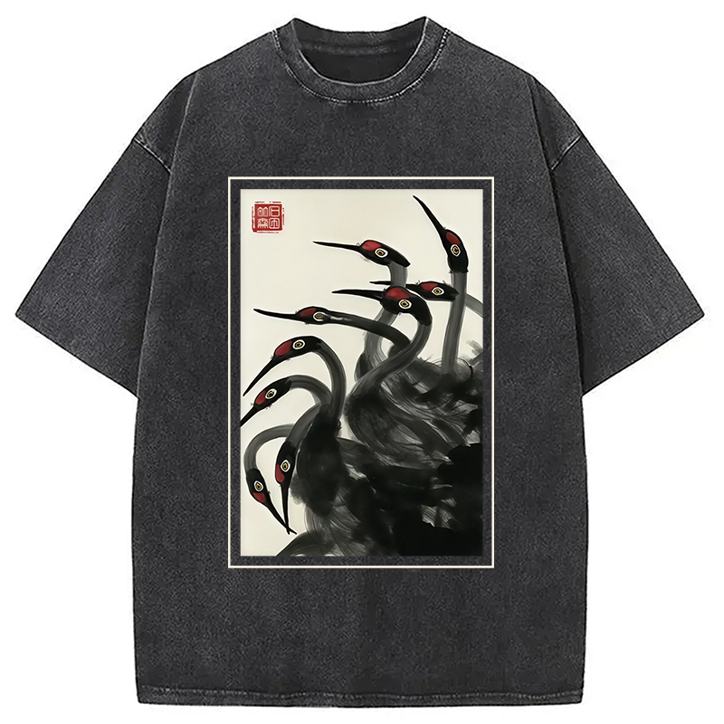Modecanvas Retro Red Crowned Crane Washed T-Shirt
