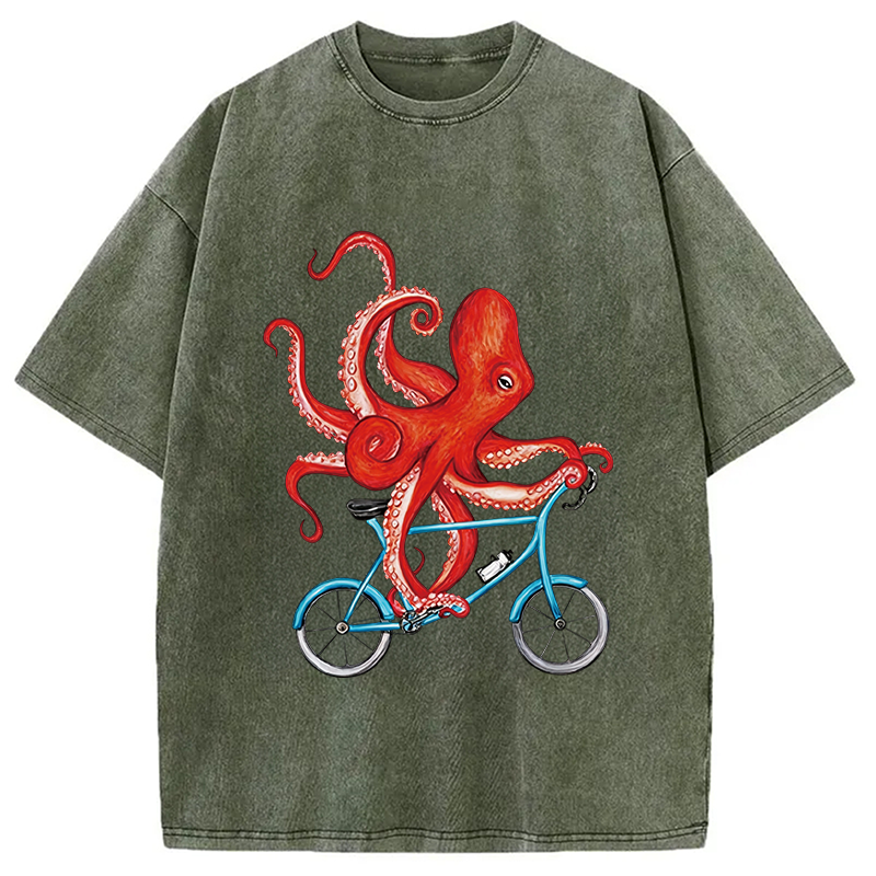 Modecanvas Octopus On A Bicycle Parody Meme DTG Printing Washed T-Shirt-modecanvas