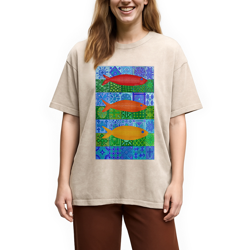Modecanvas Three Fishes DTG Printing Washed T-Shirt