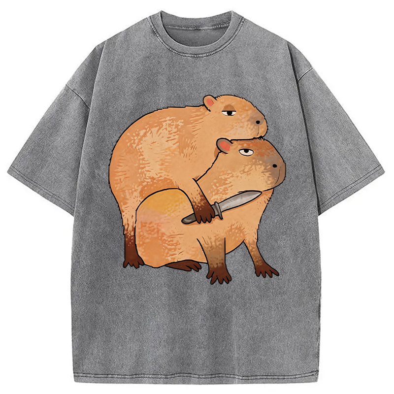 Modecanvas Capybara With Knife Funny DTG Printing Washed T-Shirt