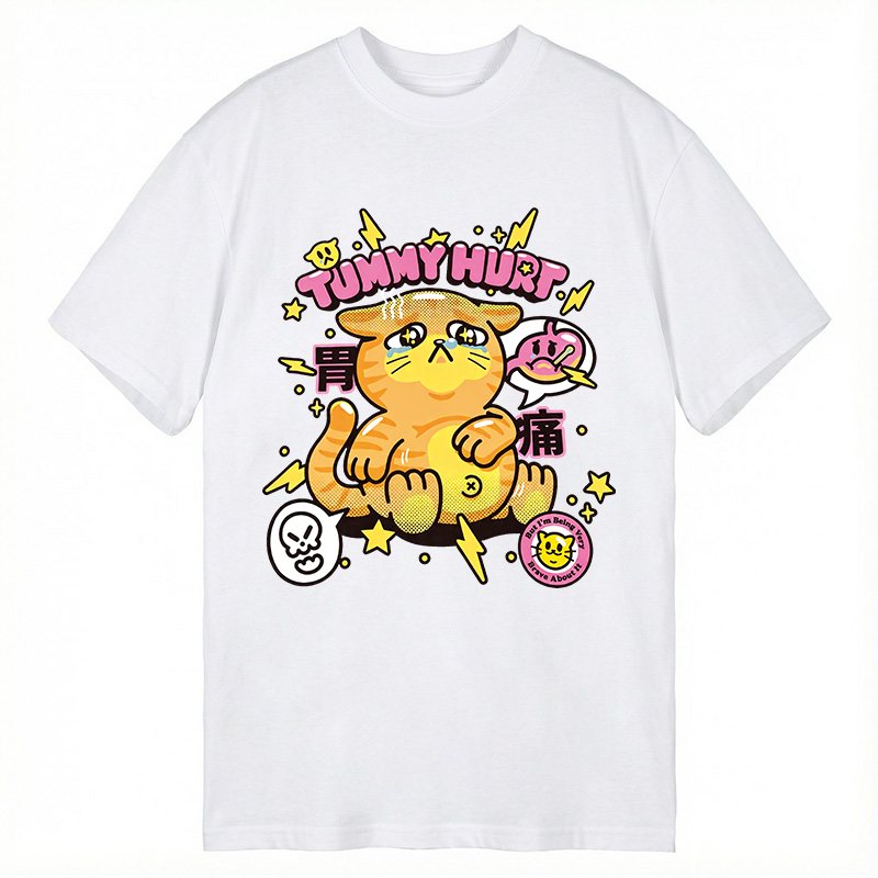 Modecanvas Tummy Hurt Cute Cat DTG Printing Classic T-Shirt-modecanvas