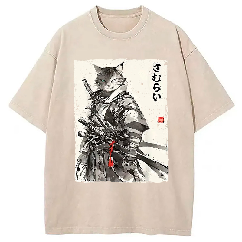 Modecanvas Retro Japanese Cat Samurai Washed T-Shirt