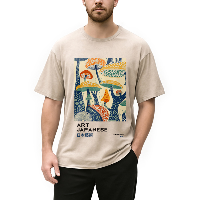 Modecanvas Dancing Mushroom Japanese Art Washed T-Shirt