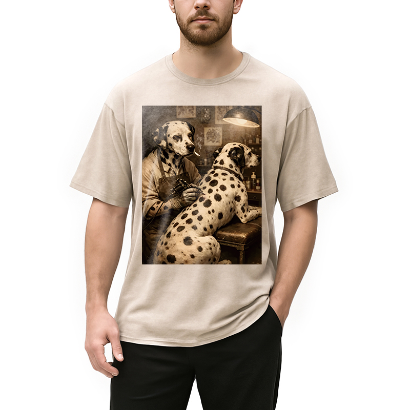 Modecanvas Funny Dalmatian Tattoo Dog DTG Printing Washed T-Shirt