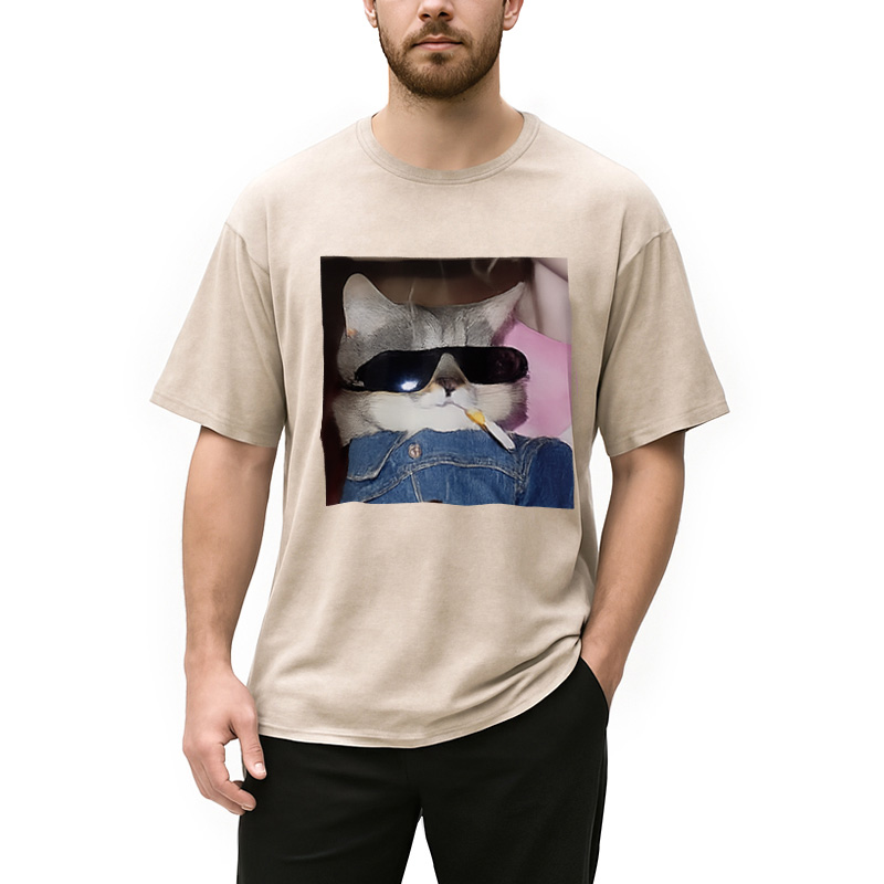 Modecanvas Funny Smoking Cat Meme Washed T-Shirt