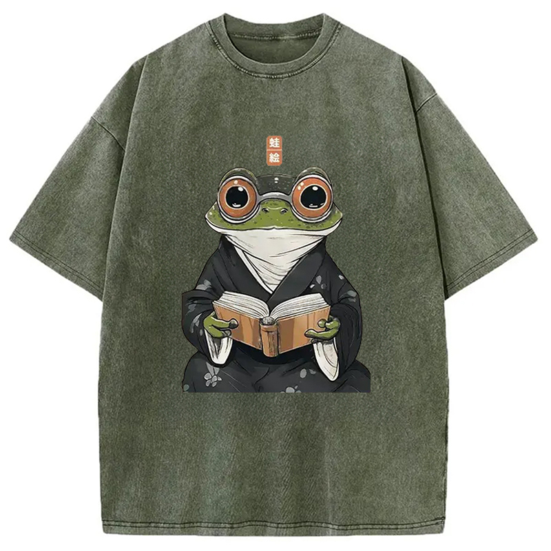 Modecanvas Frog Reading Washed T-Shirt