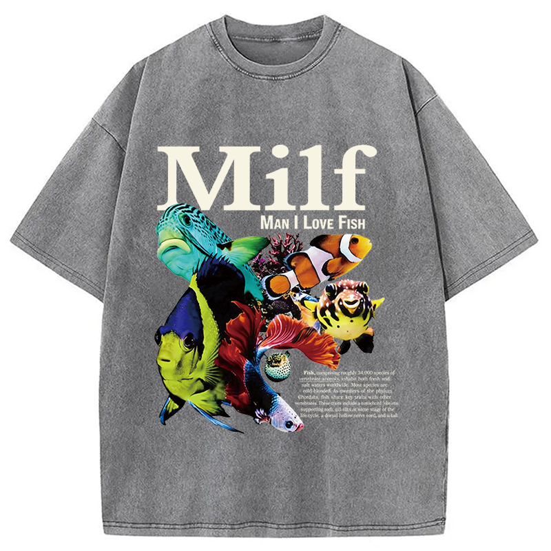 Modecanvas Man I Love Fish Vintage Meme Washed T-Shirt-modecanvas