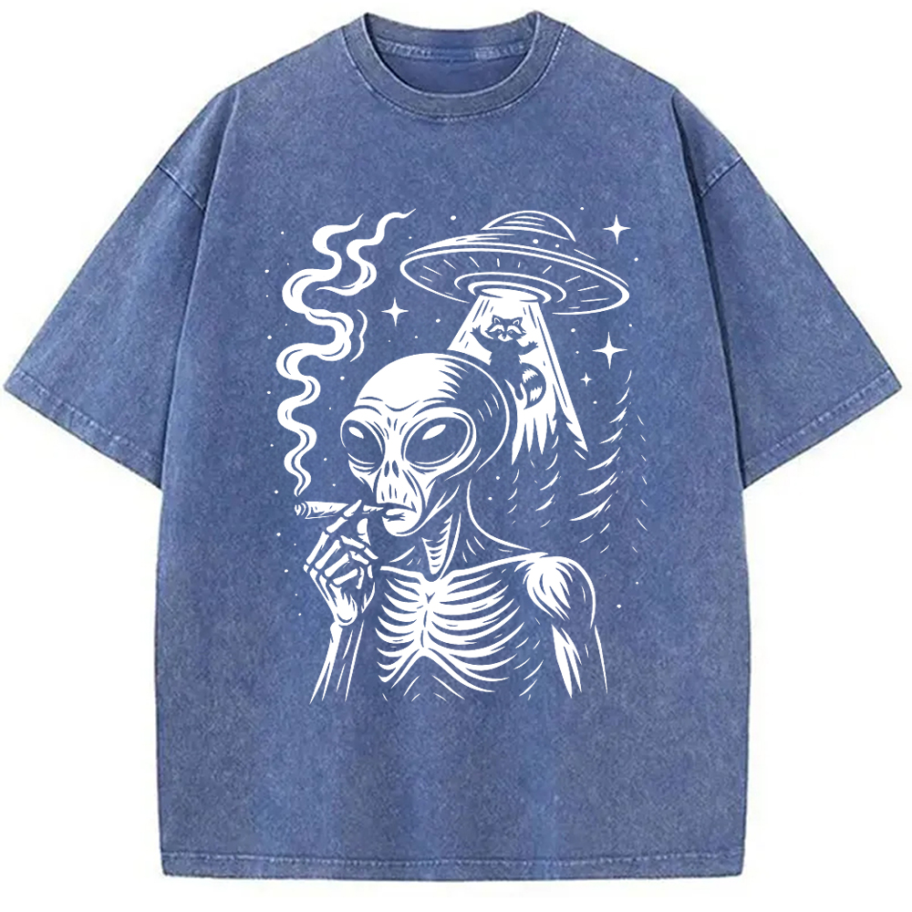 Modecanvas Stoner Alien UFO Raccoon DTG Printing Washed T-Shirt-modecanvas