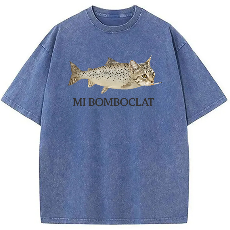 Modecanvas Bomboclat Fish Cat Meme Washed T-Shirt-modecanvas