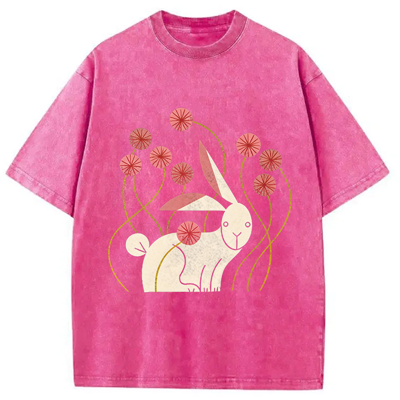Modecanvas Rabbit and Wildflowers DTG Printing Washed T-Shirt