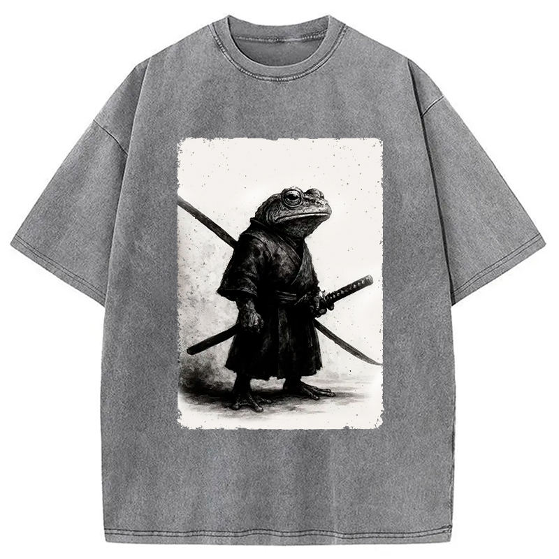 Modecanvas Retro Frog Samurai Japanese Washed T-Shirt