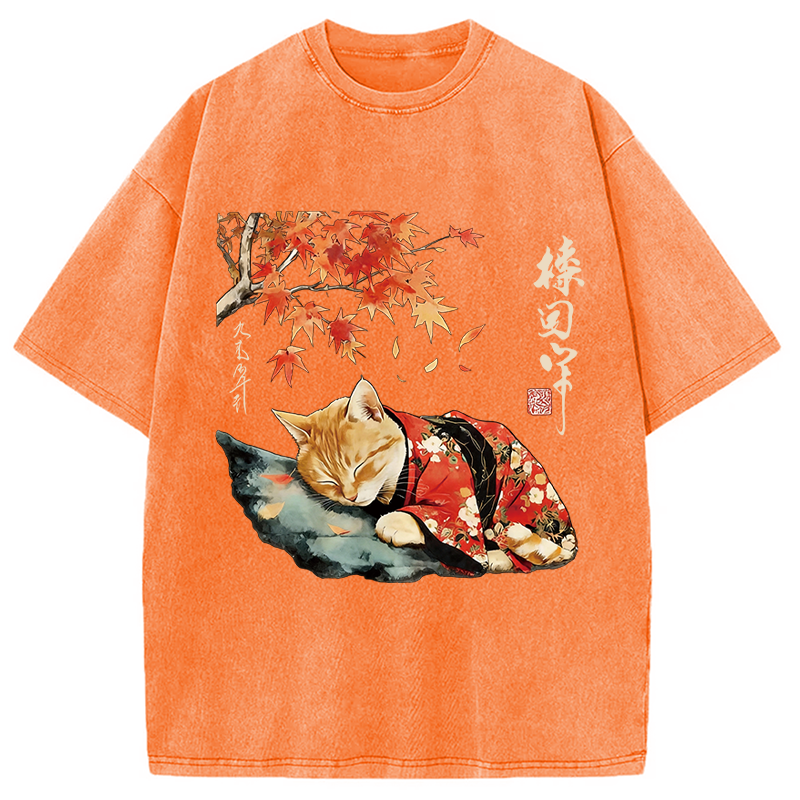 Modecanvas Kimono Neko Art DTG Printing Washed T-Shirt-modecanvas
