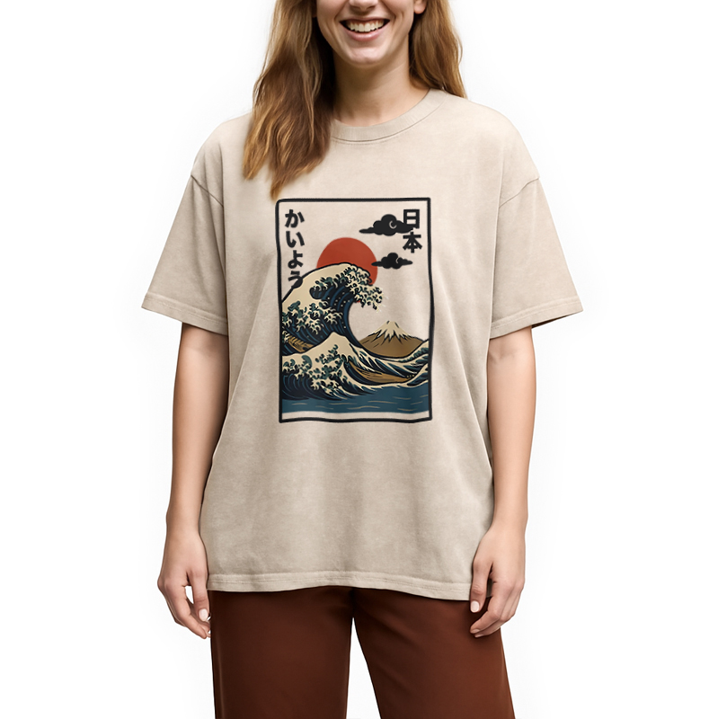 Modecanvas Ocean Wave Sun Japan Washed T-Shirt