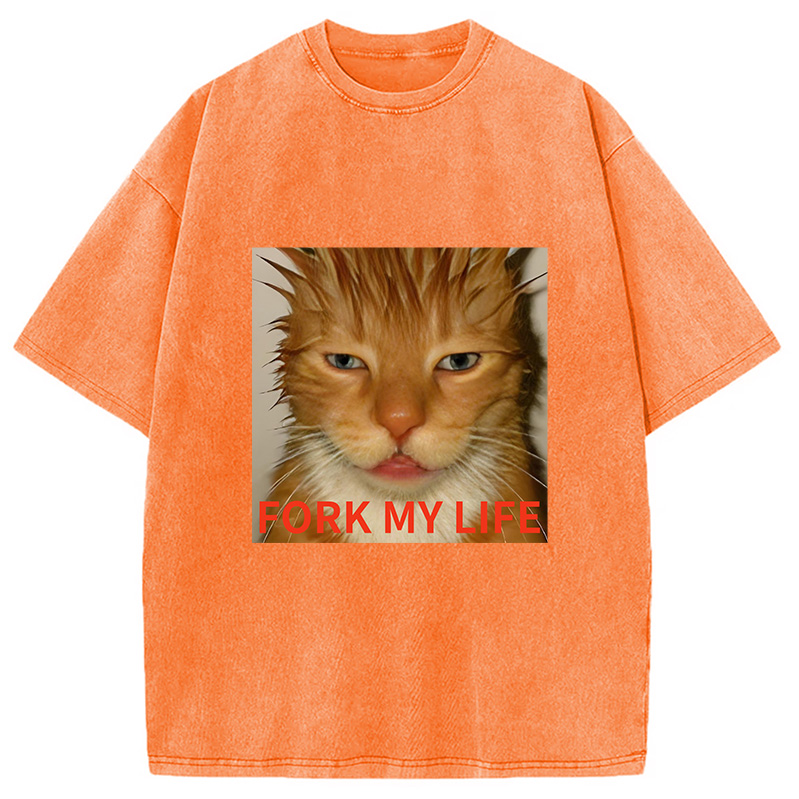 Modecanvas Orange Cat Fork My Life Washed T-Shirt