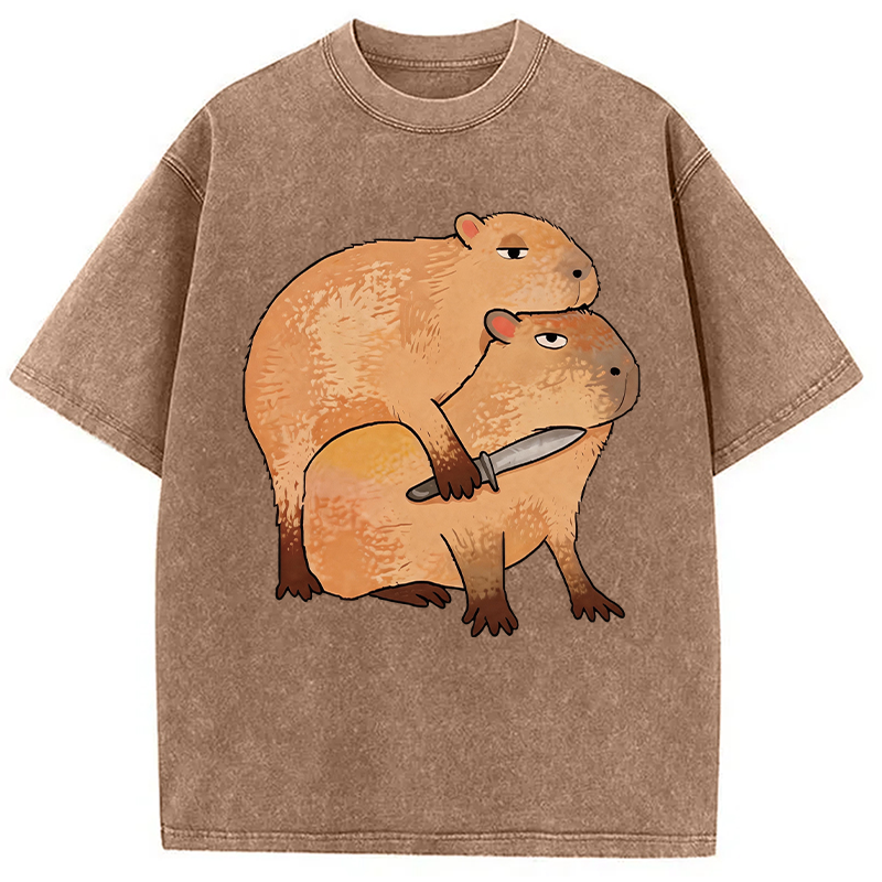 Modecanvas Capybara With Knife Funny DTG Printing Washed T-Shirt