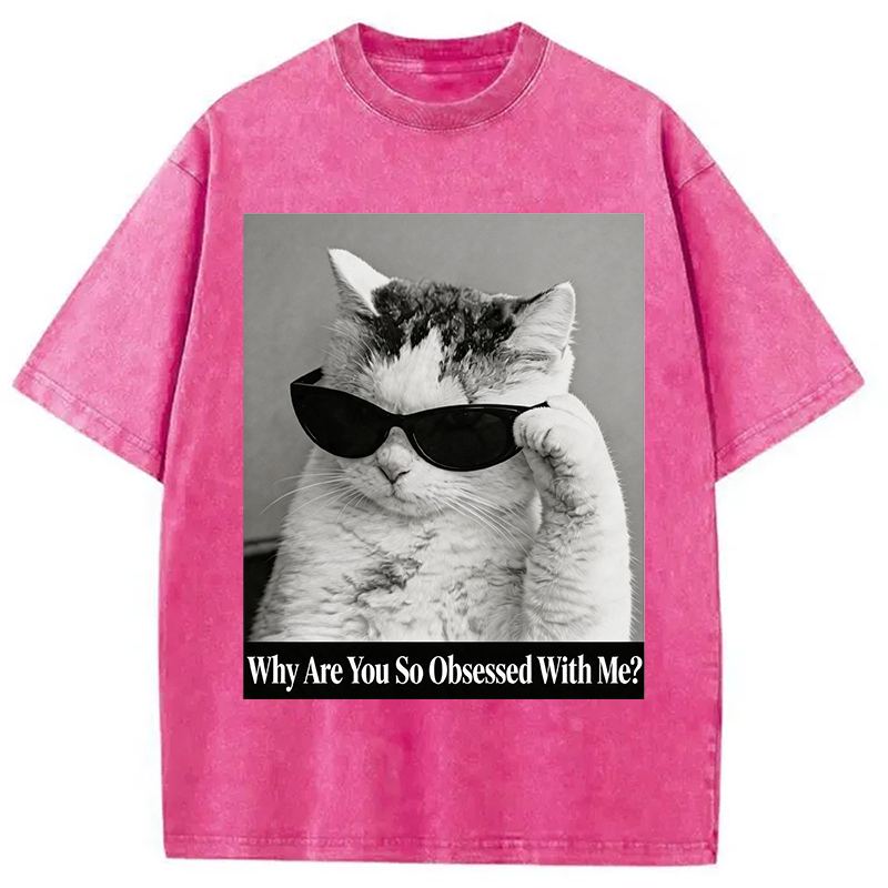 Modecanvas Why Are You So Obsessed WIth Me? Cat Meme DTG Printing Washed T-Shirt