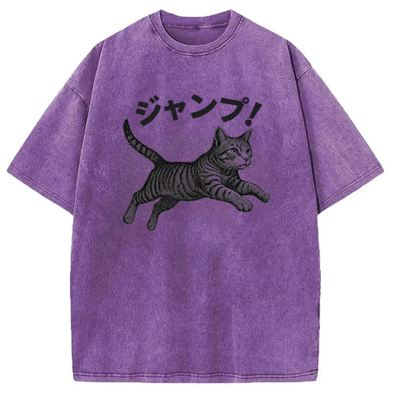 Modecanvas Jumping Tabby Funny Japanese Cat Washed T-Shirt